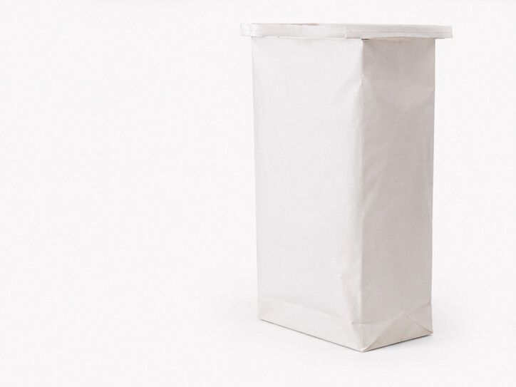 White laminated paper bag with valve-style top