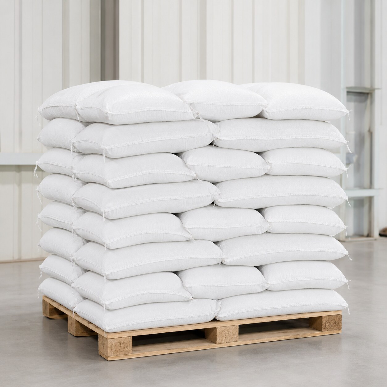 Stacked filled woven sacks on a pallet
